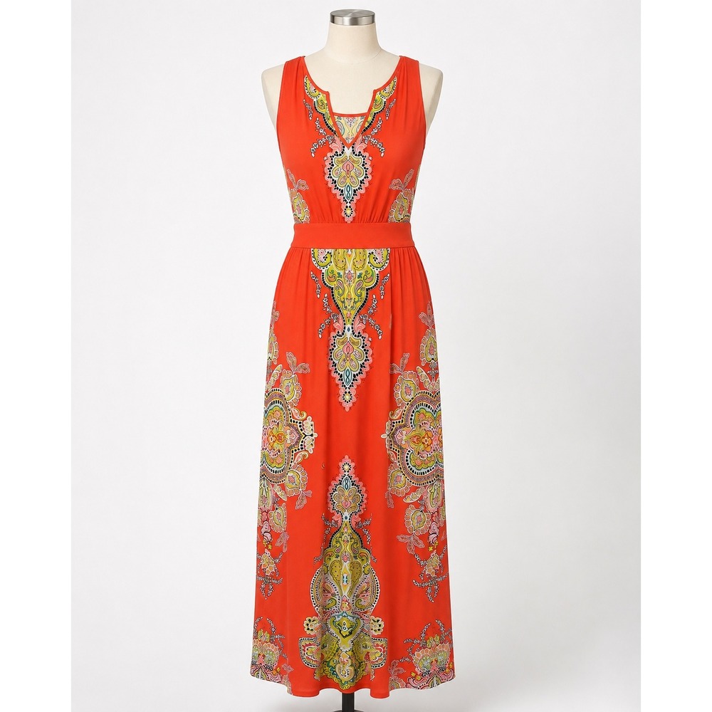 Peter Nygard Maxi Dress Womens 6 Orange Paisley Sleeveless Excellent Boho Resort